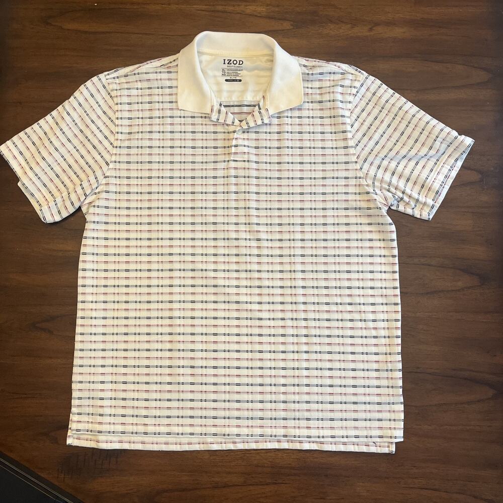 Izod Golf Classix Elite Cool FX Polo Size XL Cream W/ Red Black Weave Athletecor